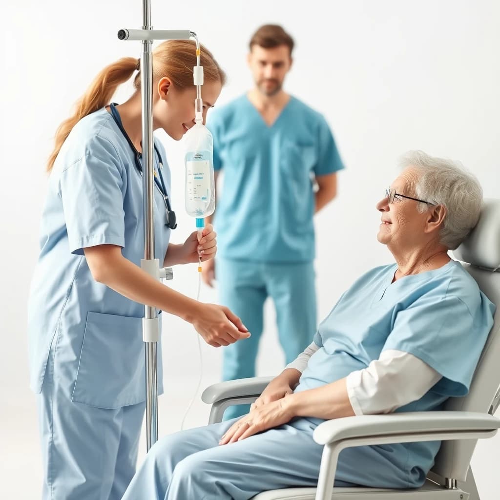 A nurse setting up a chemotherapy infusion