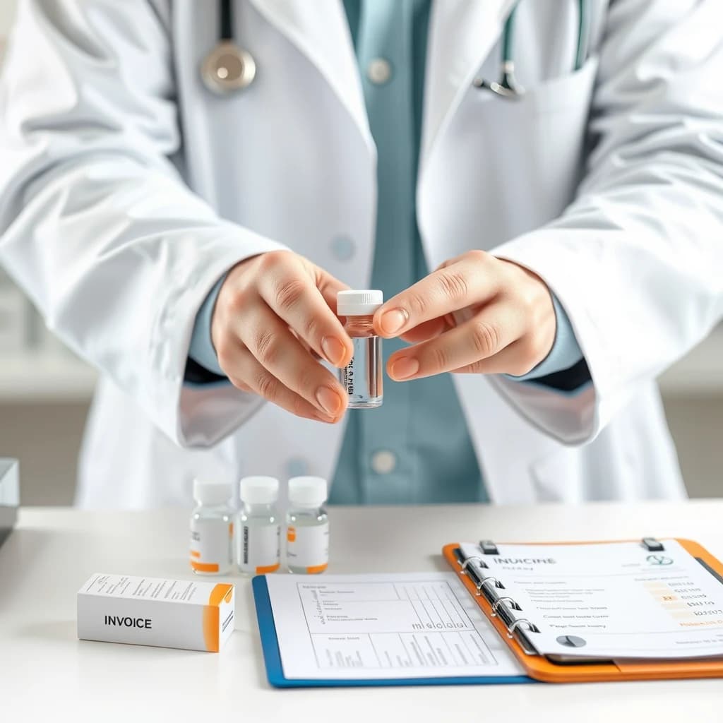 Medication vials beside a drug billing invoice