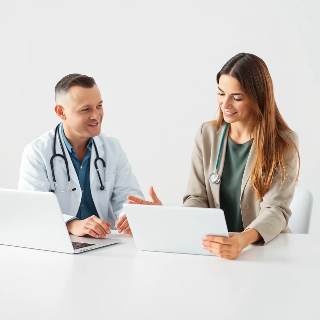 An oncologist and a certified coder reviewing treatment paperwork